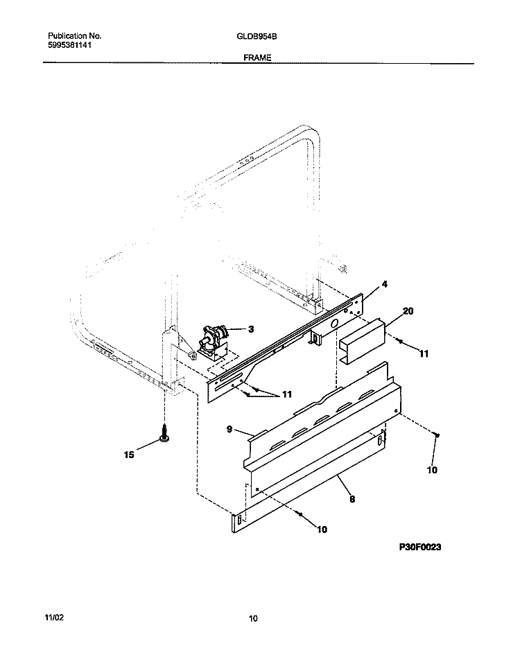 FRAME Diagram and Parts List for GLDB954BS1  Frigidaire Dishwasher