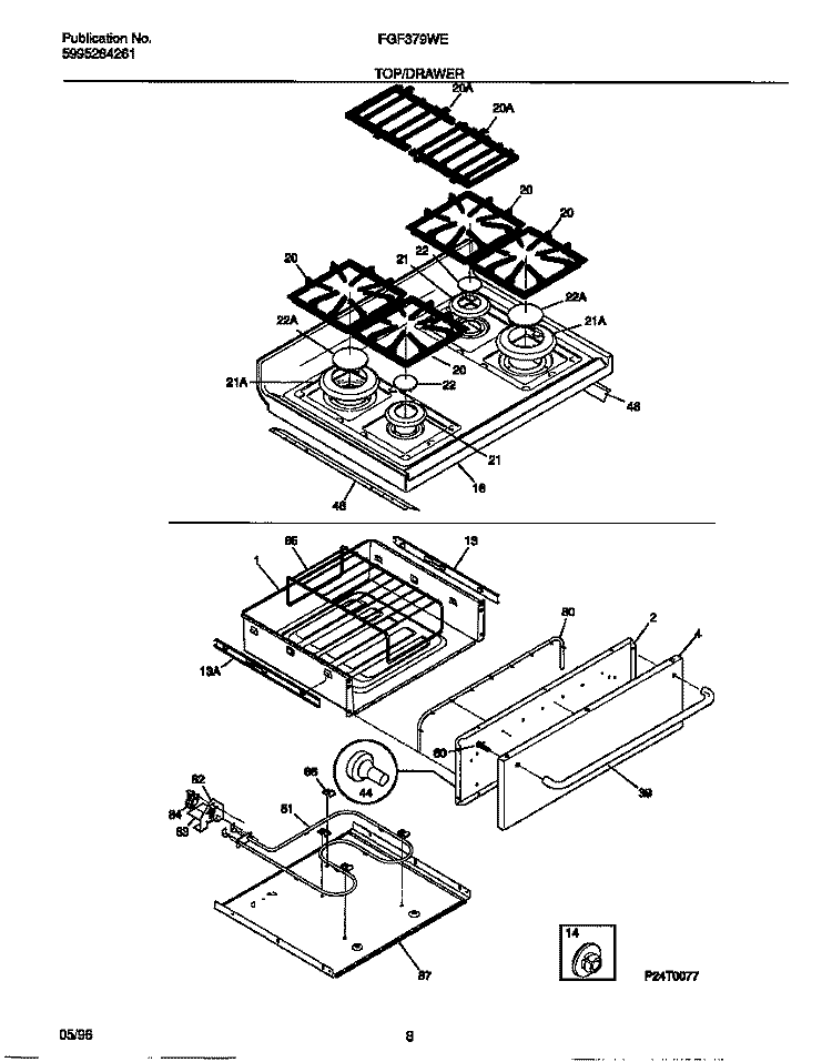 TOP / DRAWER Diagram and Parts List for FGF379WESB  Frigidaire Range