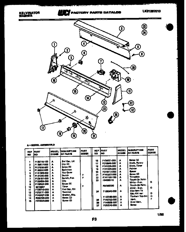 CONSOLE AND CONTROLS Diagram and Parts List for AW700C1D  Kelvinator Washer