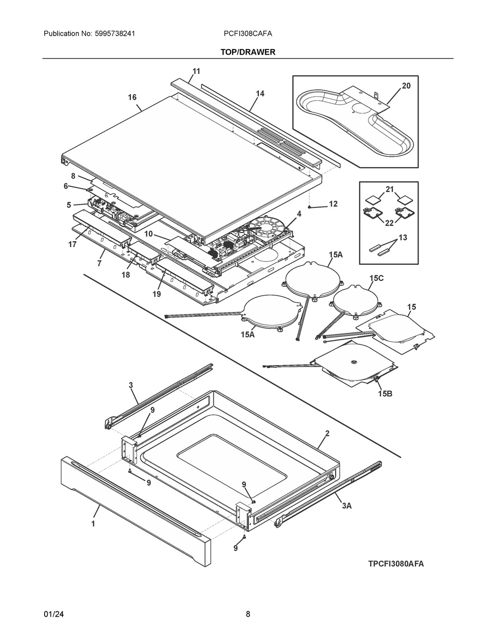 Top/Drawer Diagram and Parts List for PCFI308CAFA  Frigidaire Range