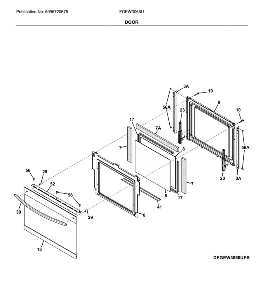 Door Diagram and Parts List for FGEW3066UFB  Frigidaire Wall Oven