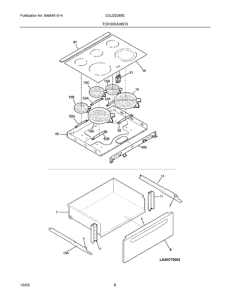 TOP / DRAWER Diagram and Parts List for CGLES385ES1  Frigidaire Wall Oven