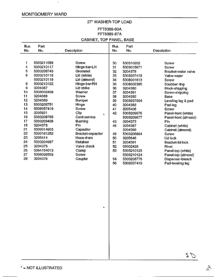 Cabinet, Top Panel, Base Page 2 Diagram and Parts List for 6389-80A  Frigidaire Washer