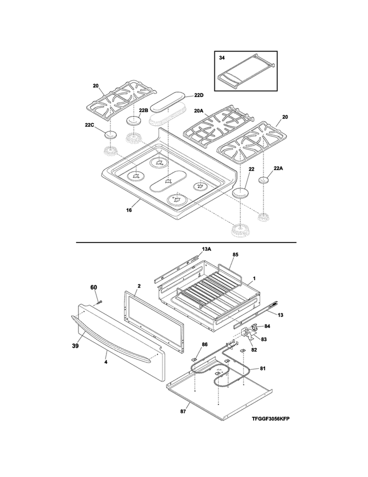 Top/drawer Diagram and Parts List for DGGF3054KFT  Frigidaire Range