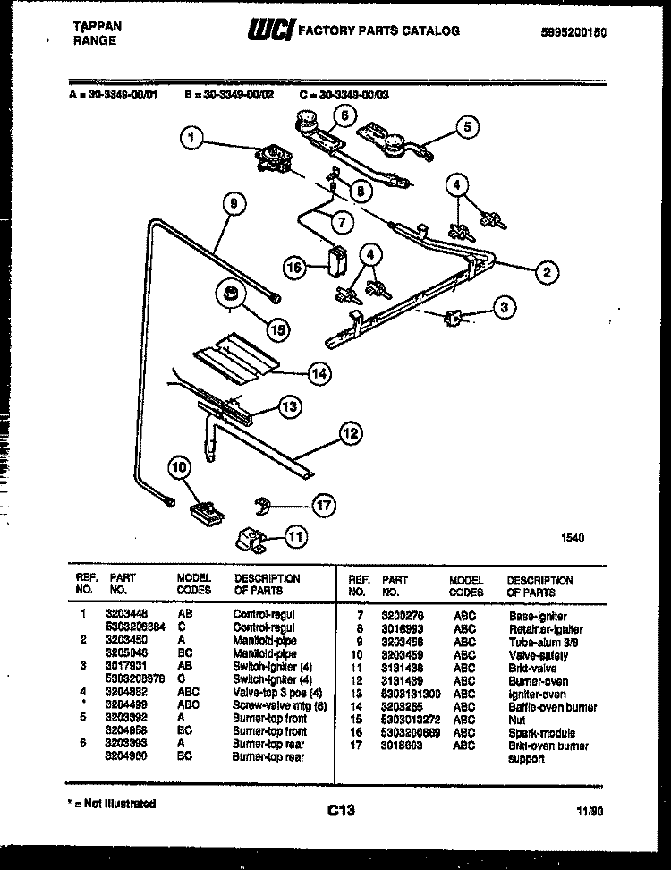 BURNER, MANIFOLD AND GAS CONTROL Diagram and Parts List for 30-3349-23-01  Tappan Range