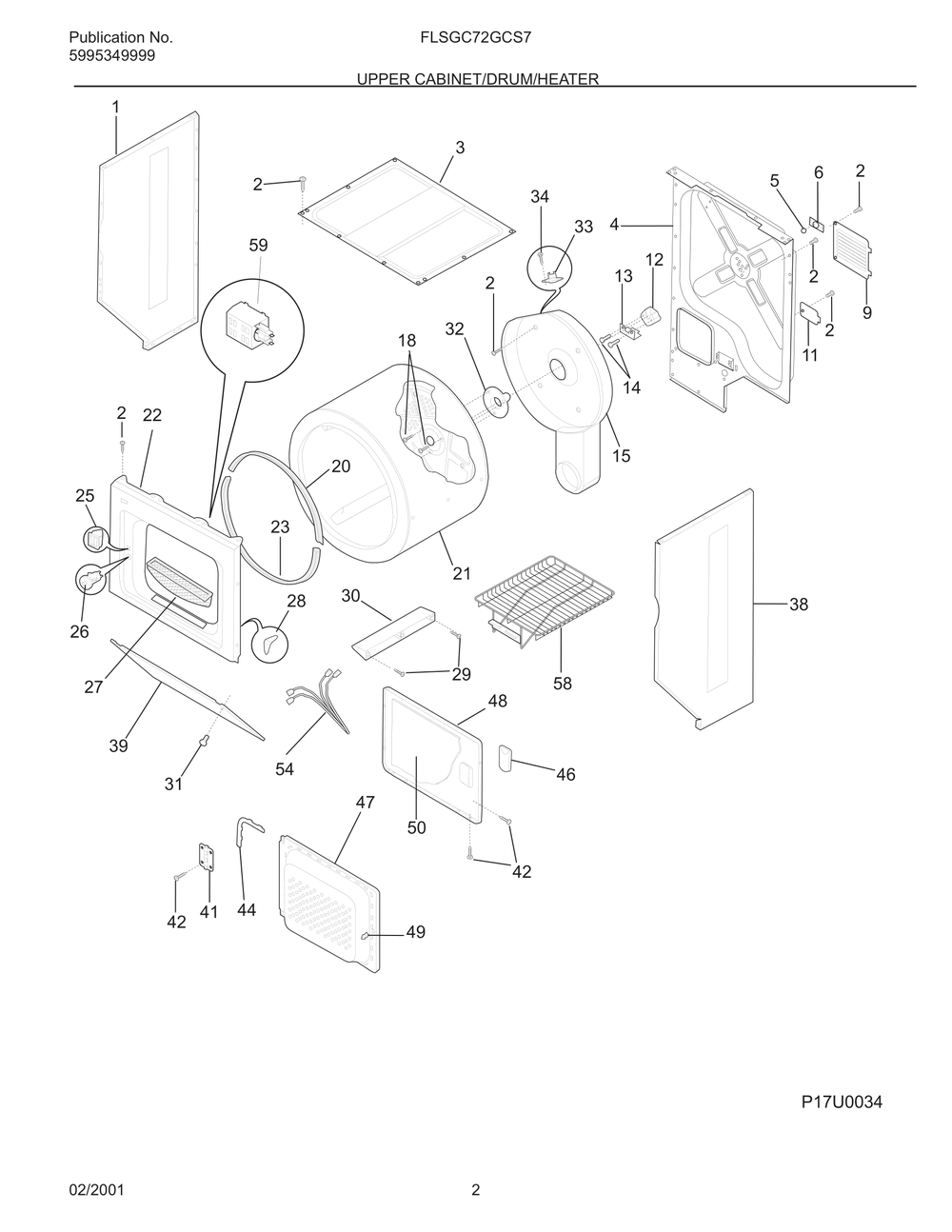 Upper Cabinet/Drum/Heater Diagram and Parts List for FLSGC72GCS7  Frigidaire Dryer