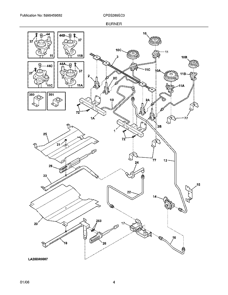 BURNER Diagram and Parts List for CPGS389EC3  Frigidaire Range