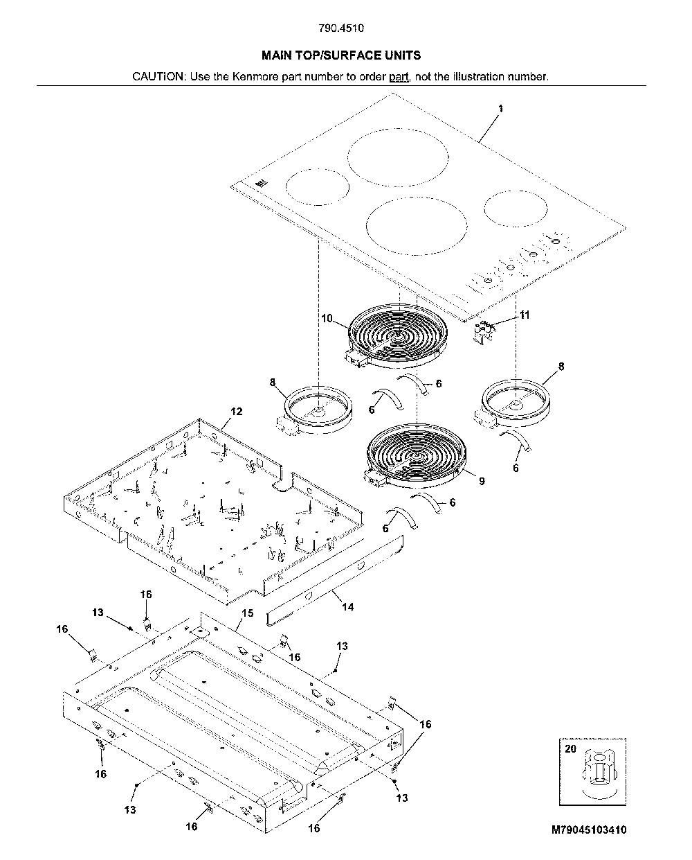 Maintop/surface units Diagram and Parts List for 79045103411  Kenmore Cooktop