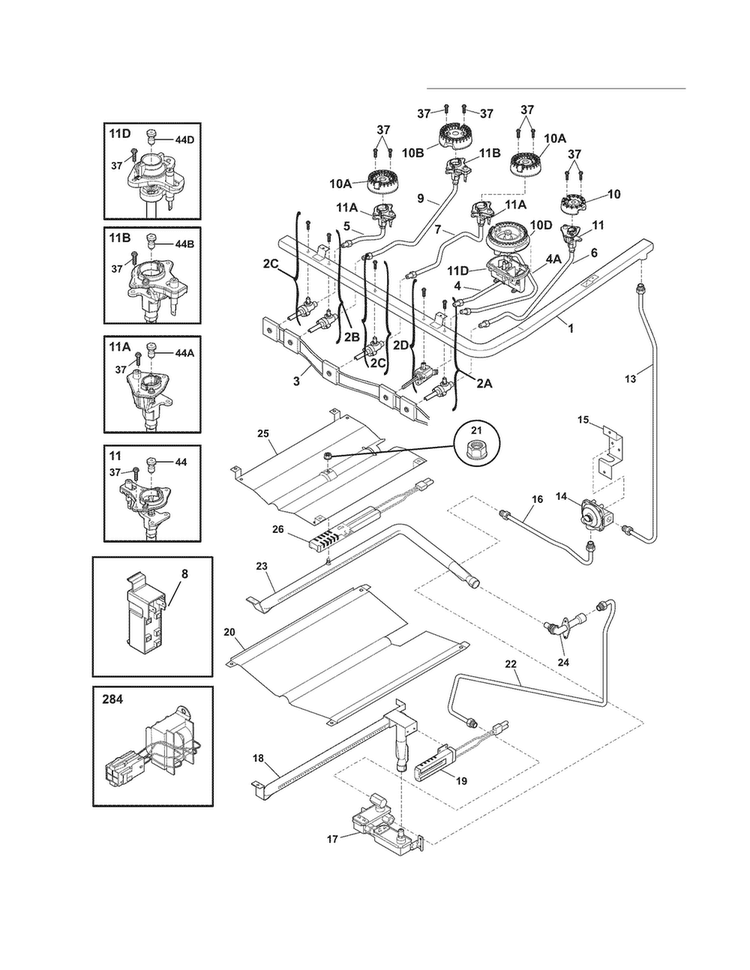 Burner Diagram and Parts List for CEW30GF6GSM  Electrolux Range