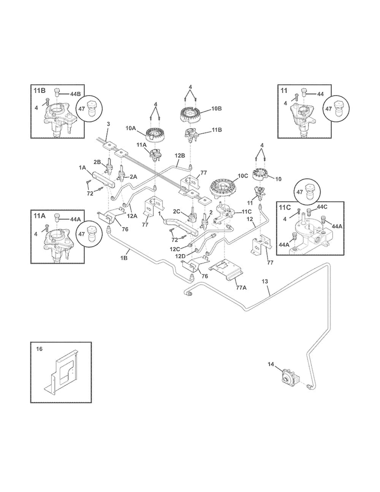 Burner Diagram and Parts List for FPDS3085KFG  Frigidaire Range