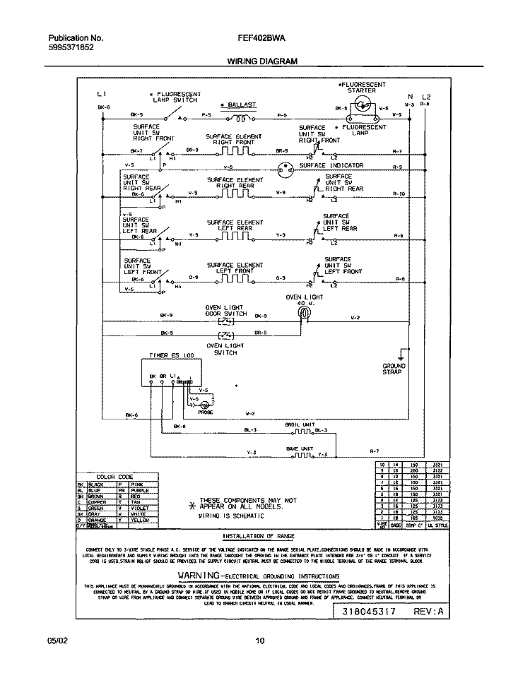 WIRING DIAGRAM Diagram and Parts List for FEF402BWA  Frigidaire Range