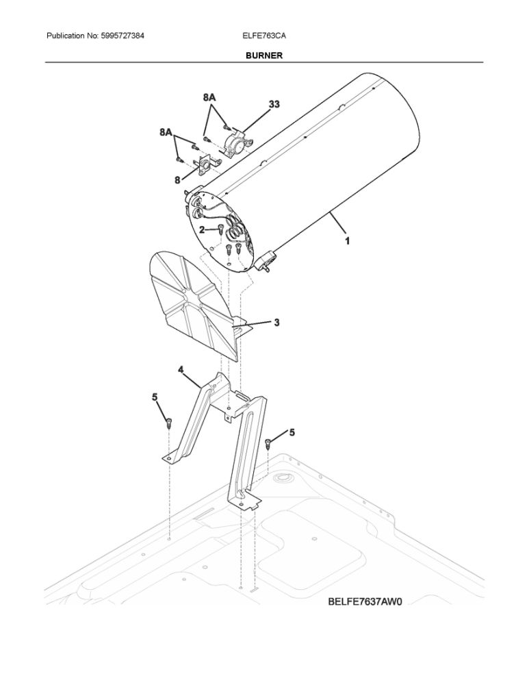 Burner Diagram and Parts List for ELFE763CAT0  Frigidaire Dryer