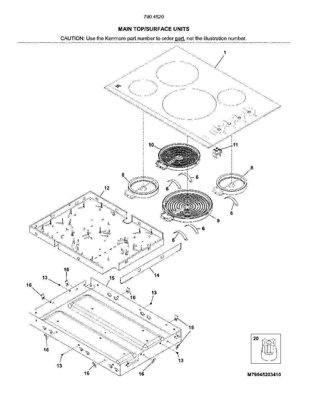 Main top/surface units Diagram and Parts List for 79045202411  Kenmore Cooktop