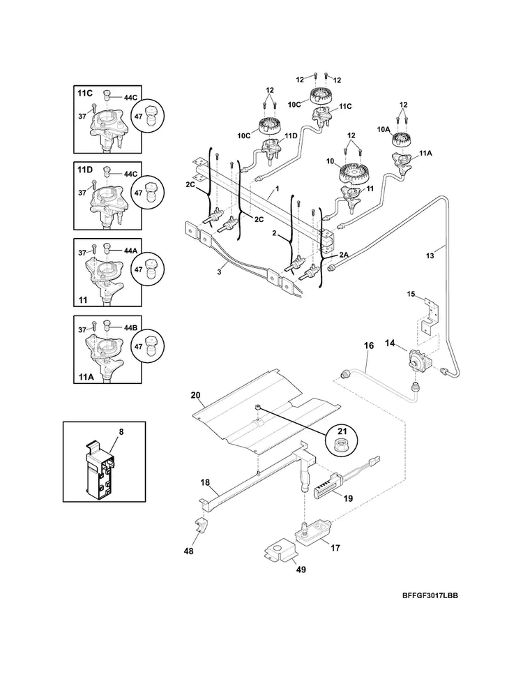 Burner Diagram and Parts List for FFGF3047LSH  Frigidaire Range
