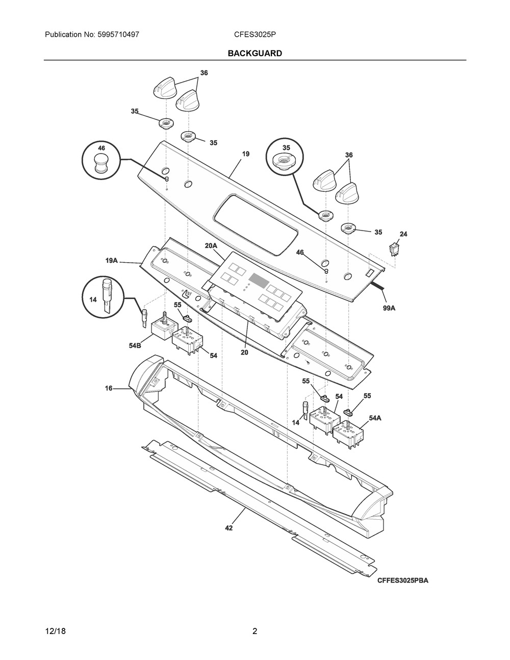 Backguard Diagram and Parts List for CFES3025PBK  Frigidaire Range