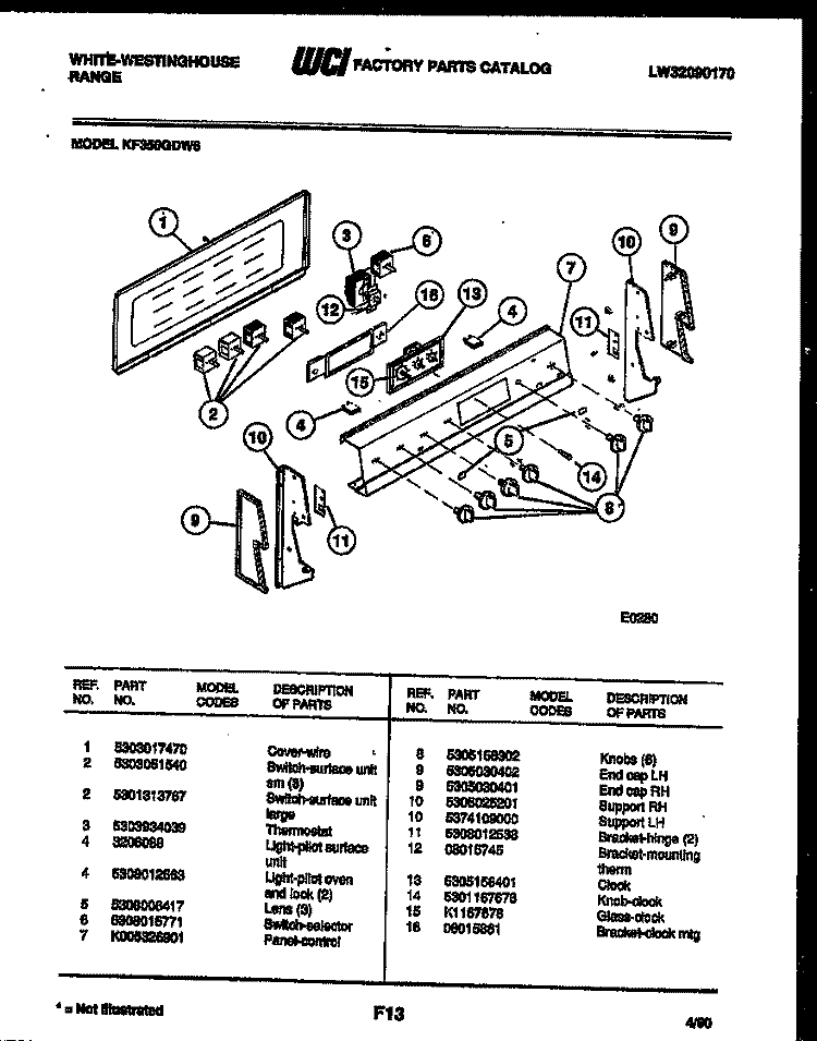 CONTROL PANEL Diagram and Parts List for KF350GDV6  Frigidaire Range