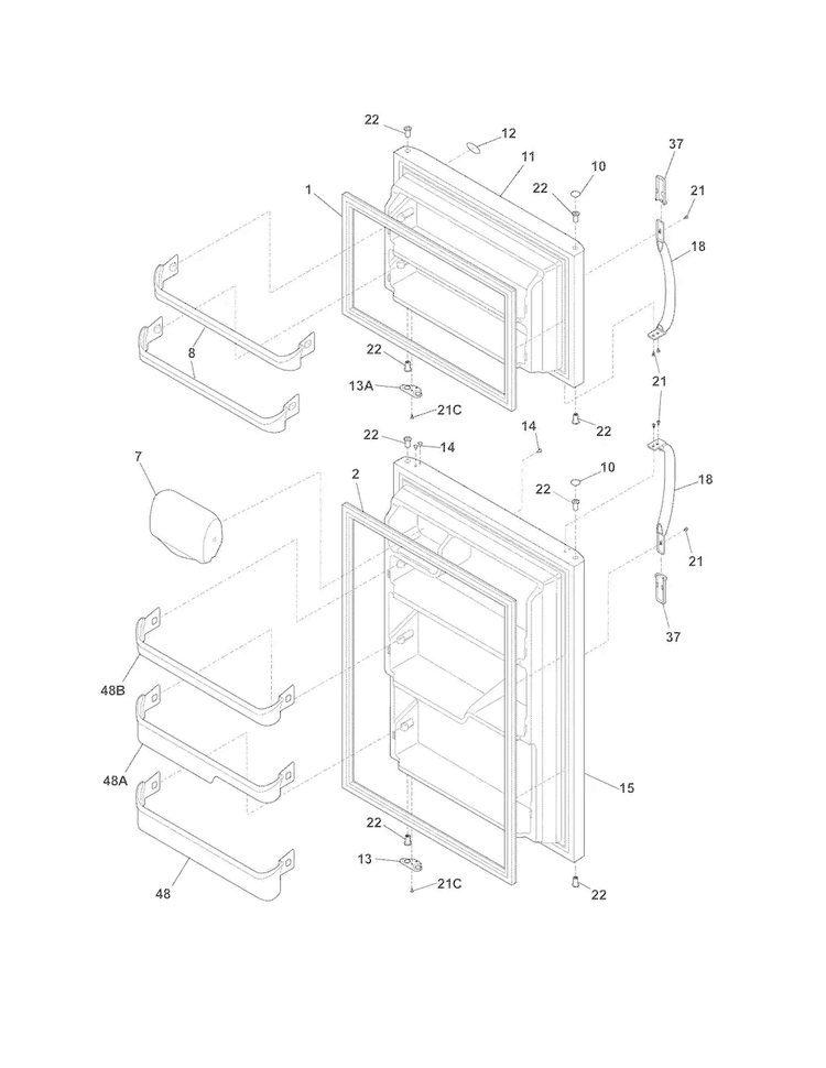 Doors Diagram and Parts List for FRT18L4JBK  Frigidaire Refrigerator