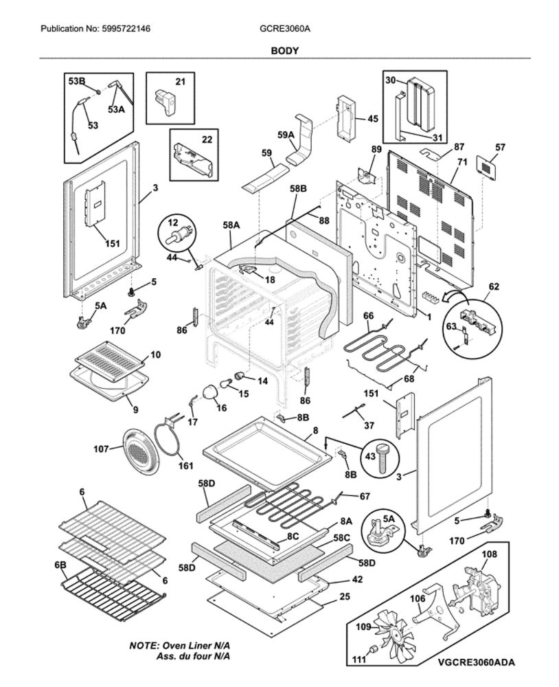 Body Diagram and Parts List for GCRE3060ADC  Frigidaire Range