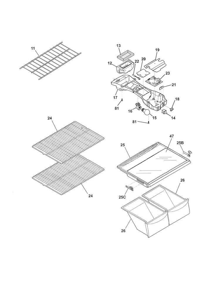 Shelves Diagram and Parts List for FFTR1514QW9  Frigidaire Refrigerator
