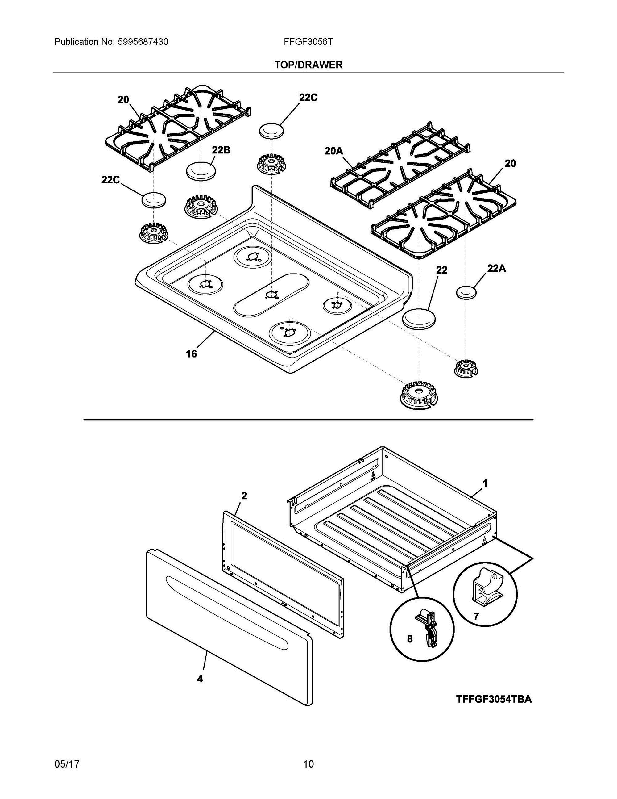 05 - TOP/DRAWER Diagram and Parts List for FFGF3056TBA  Frigidaire Range