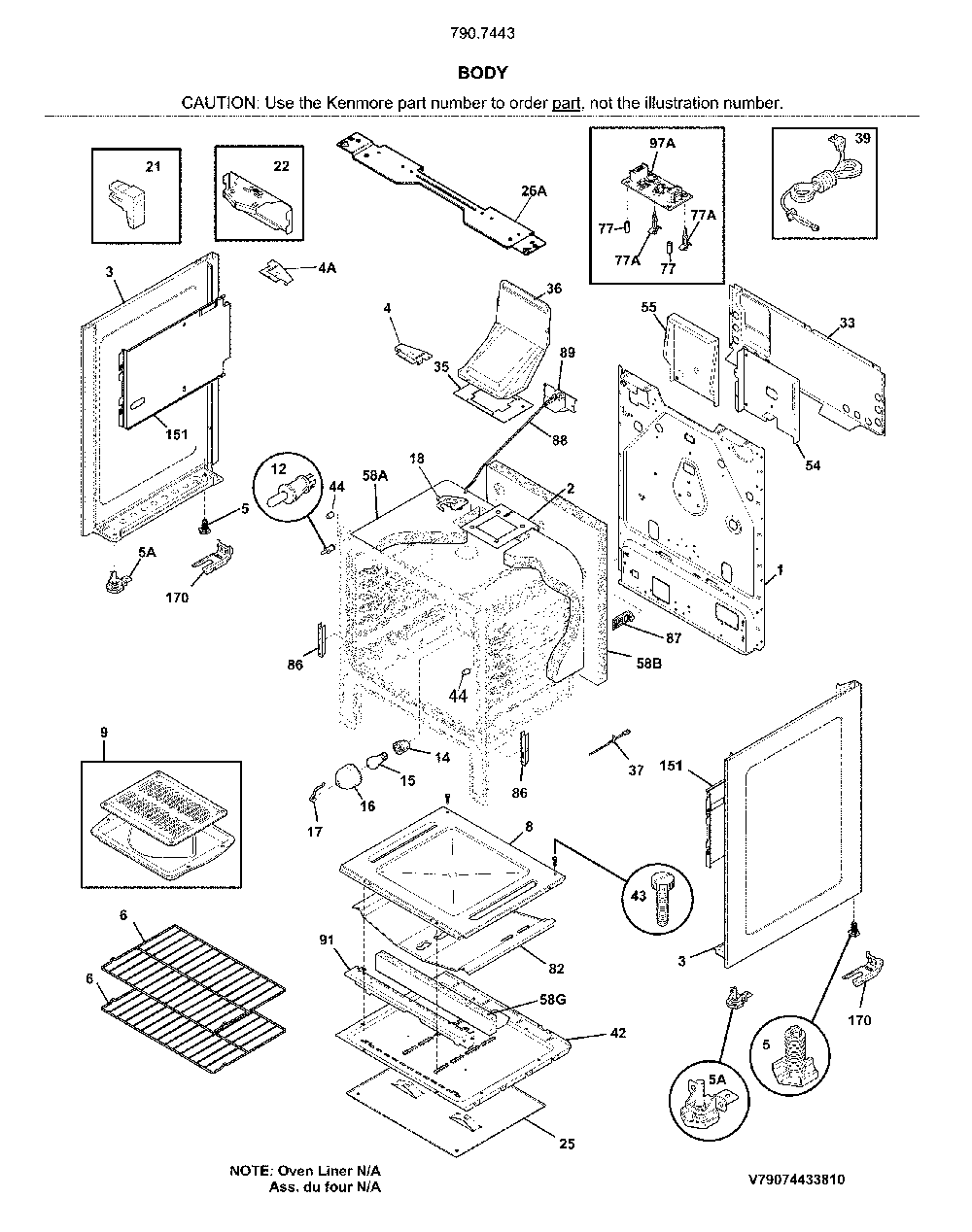 Body Diagram and Parts List for 79074432810  Kenmore Range