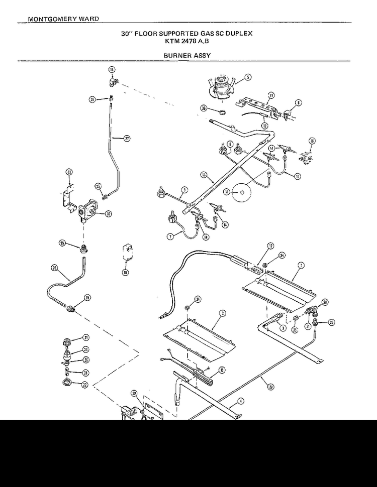30" Floor/burner Assy Diagram and Parts List for 2488A  Frigidaire Range