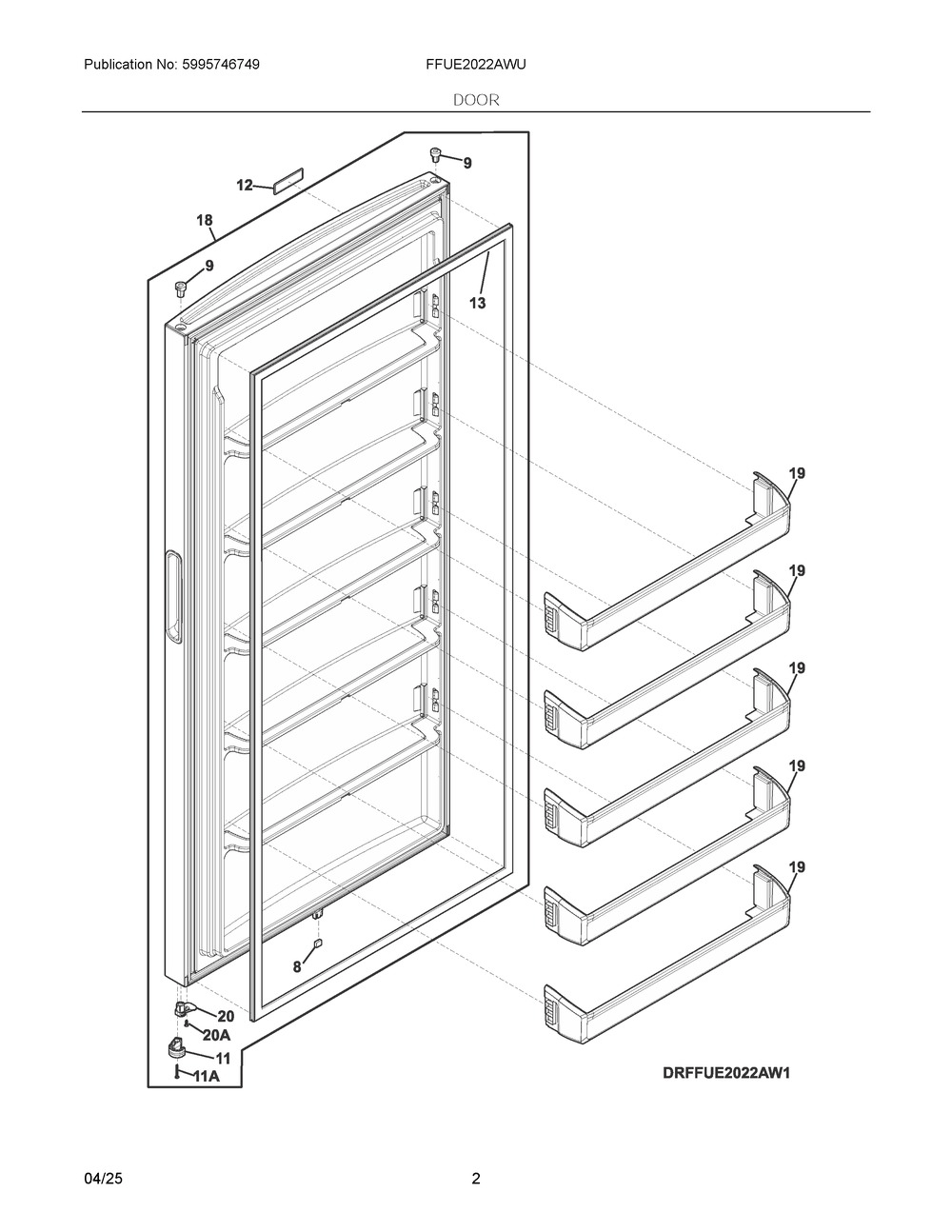 Door Diagram and Parts List for FFUE2022AWU  Frigidaire Freezer