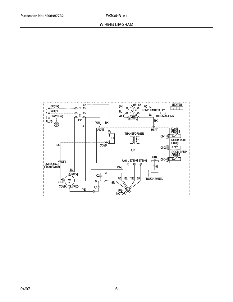WIRING DIAGRAM Diagram and Parts List for FAZ08HR1A1  Frigidaire Air Conditioner