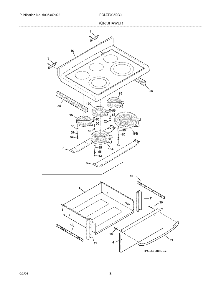 TOP / DRAWER Diagram and Parts List for PGLEF385EC3  Frigidaire Wall Oven