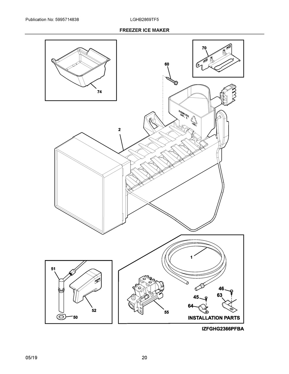 Freezer Ice Maker Diagram and Parts List for LGHB2869TF5  Frigidaire Refrigerator