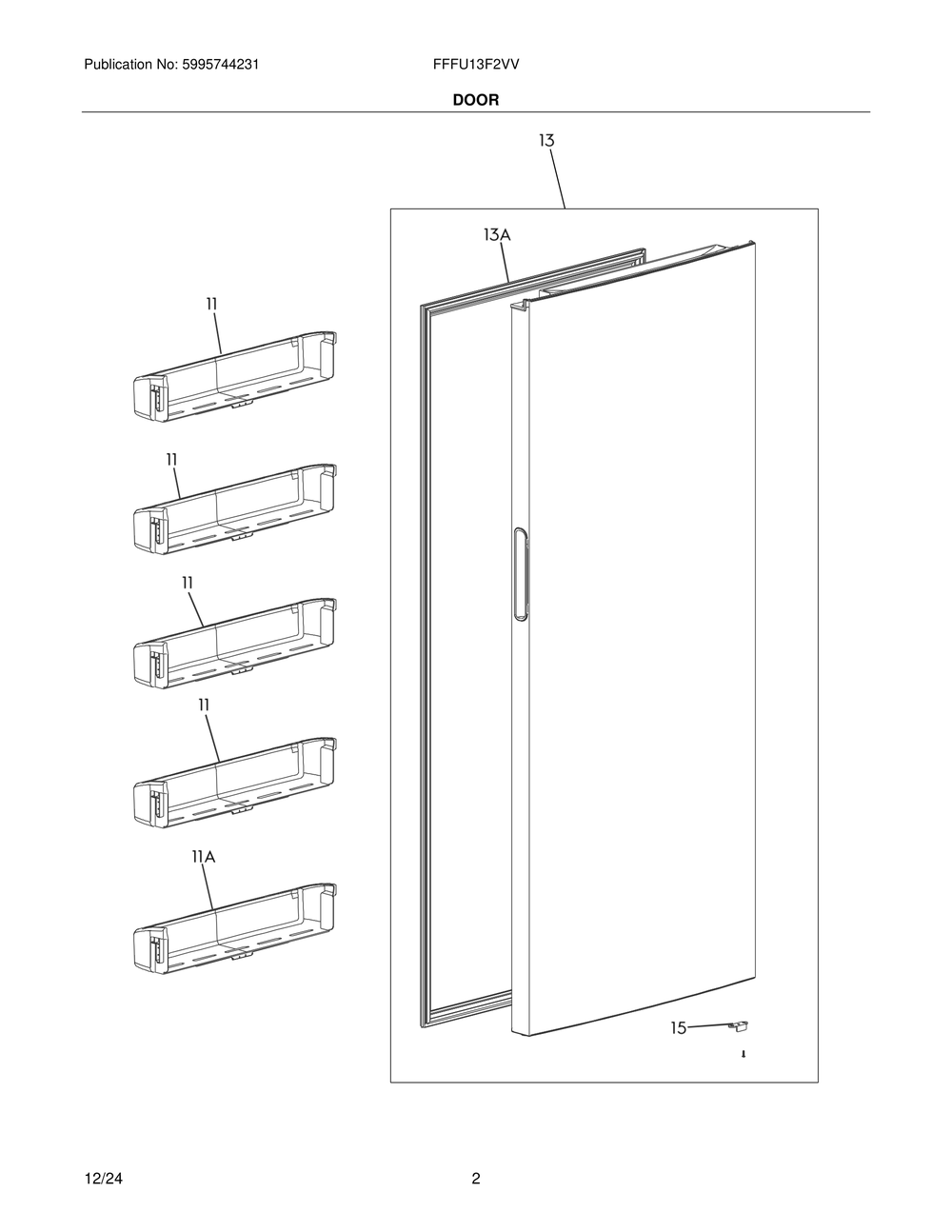 Door Diagram and Parts List for FFFU13F2VV  Frigidaire Freezer