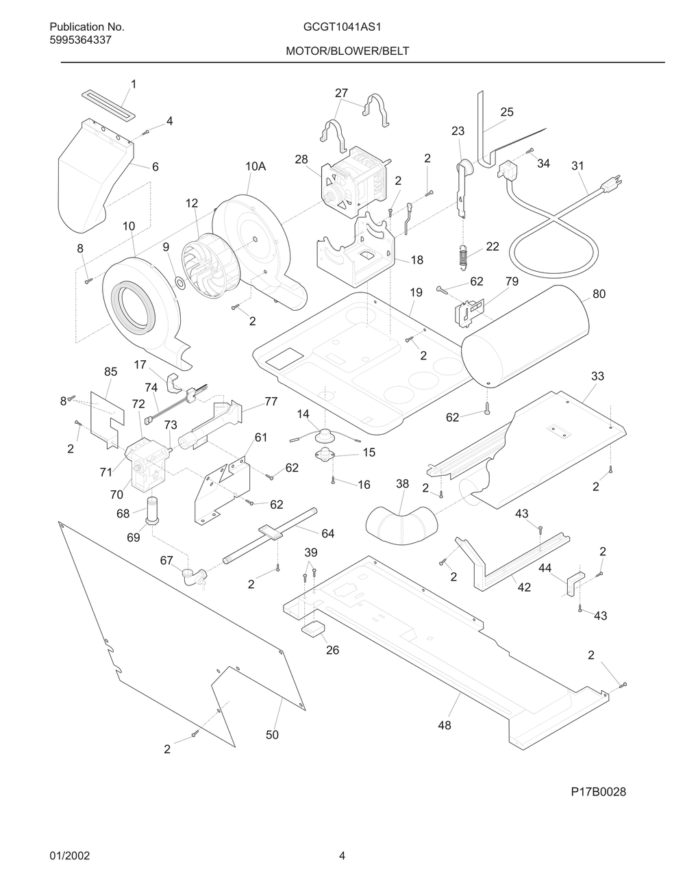Motor/Blower/Belt Diagram and Parts List for GCGT1041AS1  Frigidaire Dryer