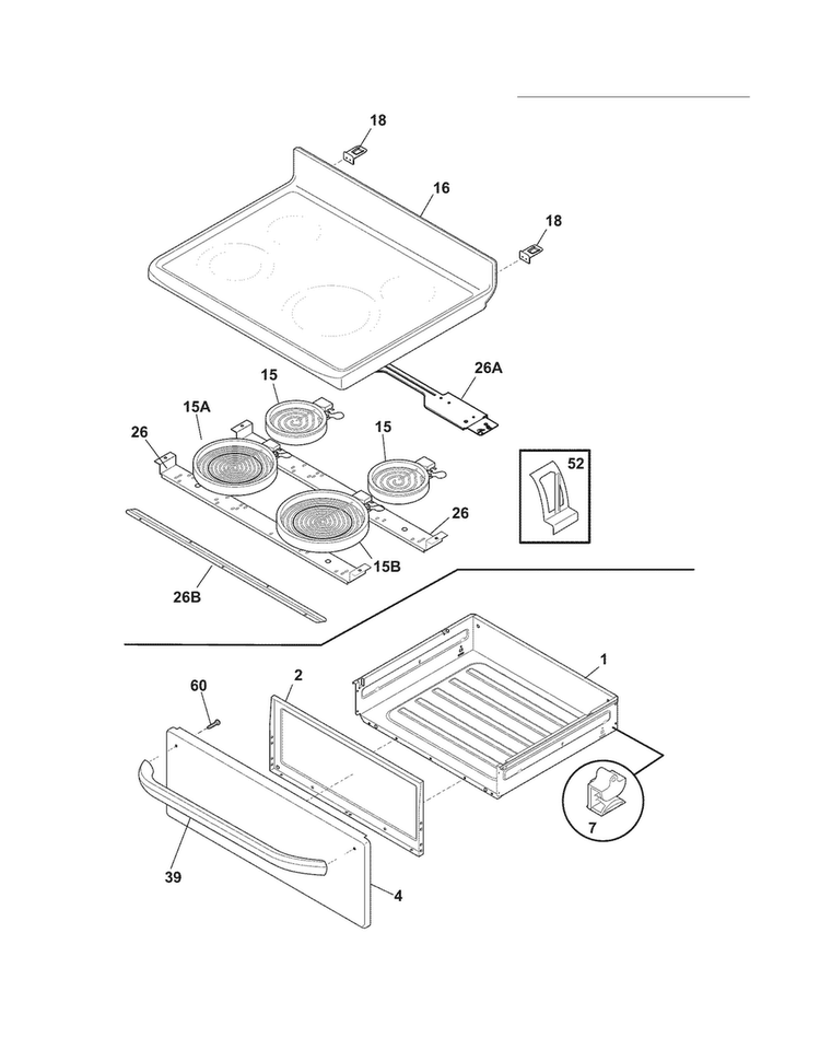 Top/drawer Diagram and Parts List for CFEF3048LSJ  Frigidaire Range