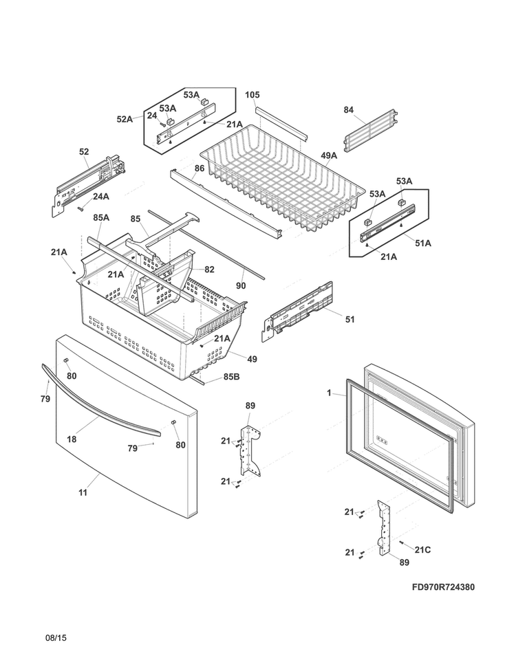 Freezer Drawer, Baskets Diagram and Parts List for 25370443413  Kenmore Refrigerator