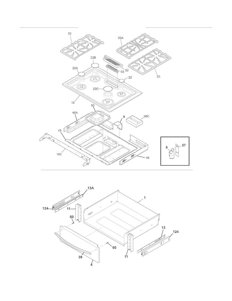Main Top/drawer Diagram and Parts List for FGGS3045KFE  Frigidaire Range