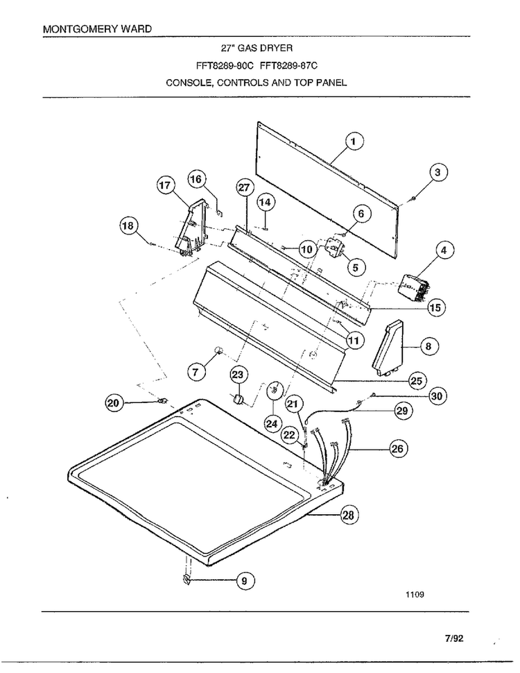 Console/controls And Top Panel Diagram and Parts List for 8289-80C  Frigidaire Dryer