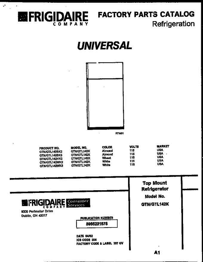 01 - Cover Diagram and Parts List for GTN GTL142BK2 Frigidaire Refrigerator