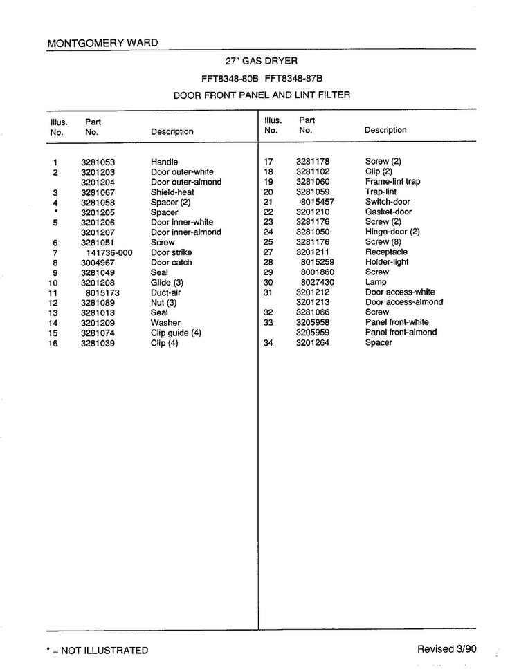Door Front Panel And Lint Filter Page 2 Diagram and Parts List for 8348B  Frigidaire Dryer