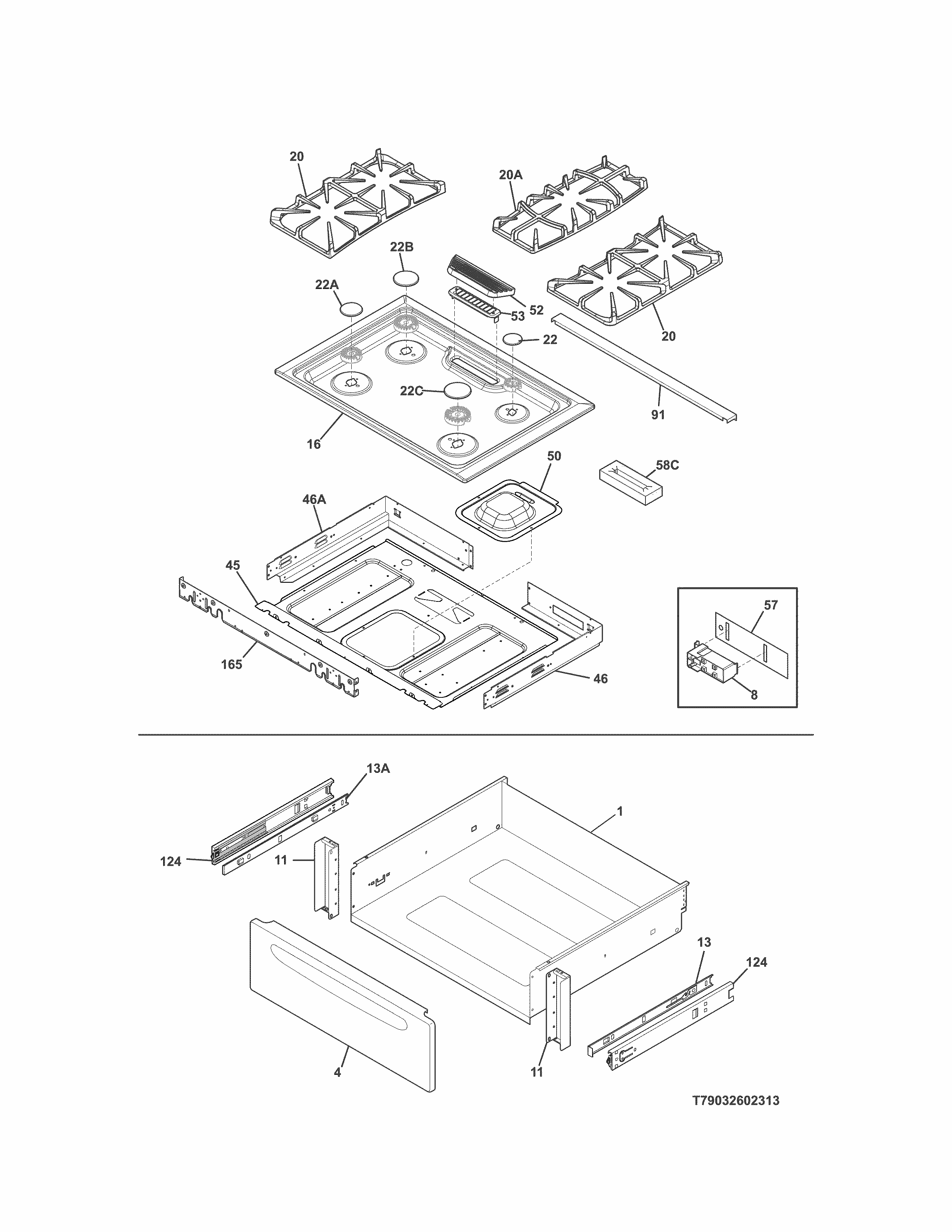 Top/drawer Diagram and Parts List for 79032602314  Kenmore Range