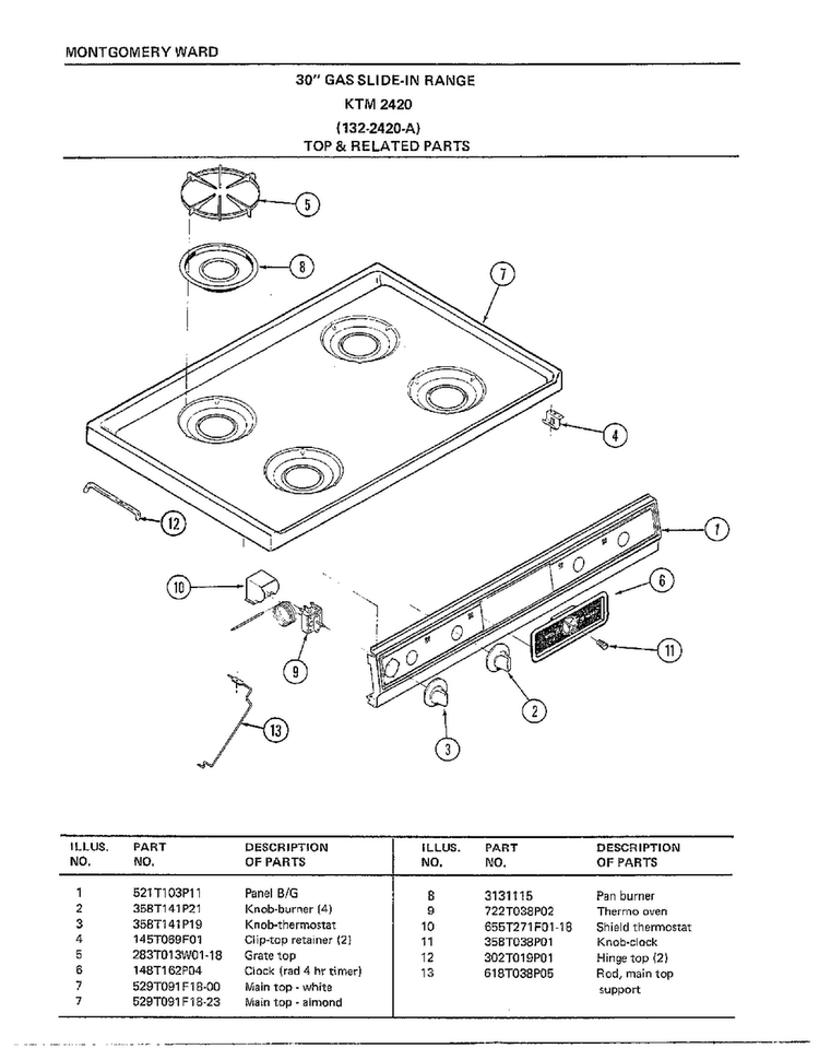30" Range/top And Related Parts Diagram and Parts List for 2420A  Frigidaire Range