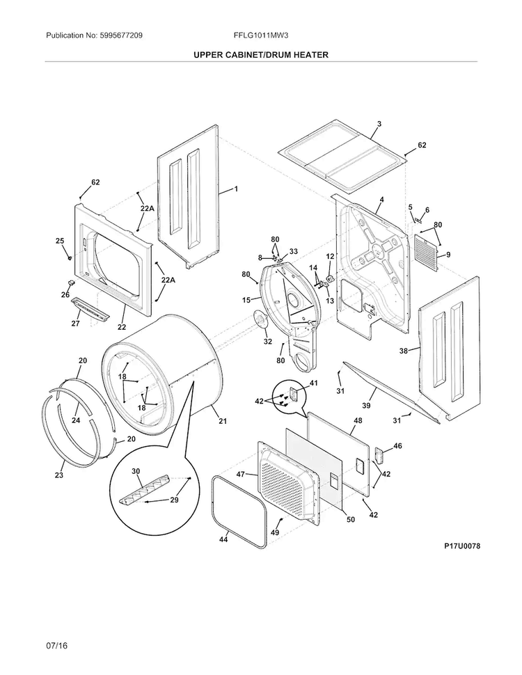 Upper Cabinet/drum Heater Diagram and Parts List for FFLG1011MW3  Frigidaire Washer Dryer Combo