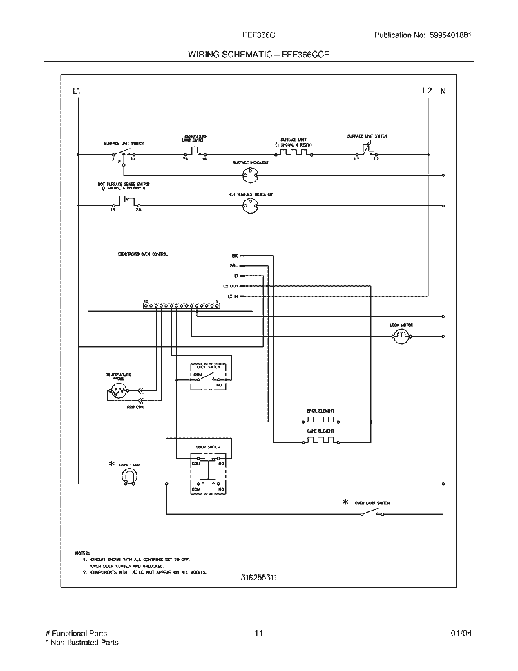 WIRING SCHEMATIC Diagram and Parts List for FEF366CCE  Frigidaire Range