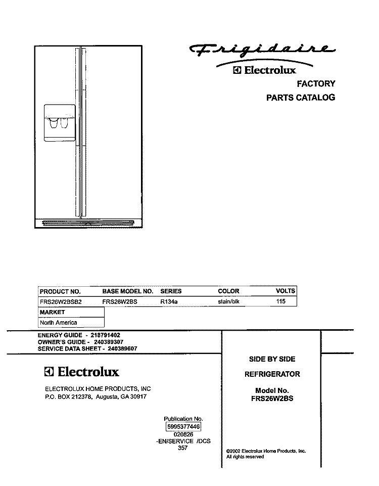 COVER Diagram and Parts List for FRS26W2BSB2  Frigidaire Refrigerator