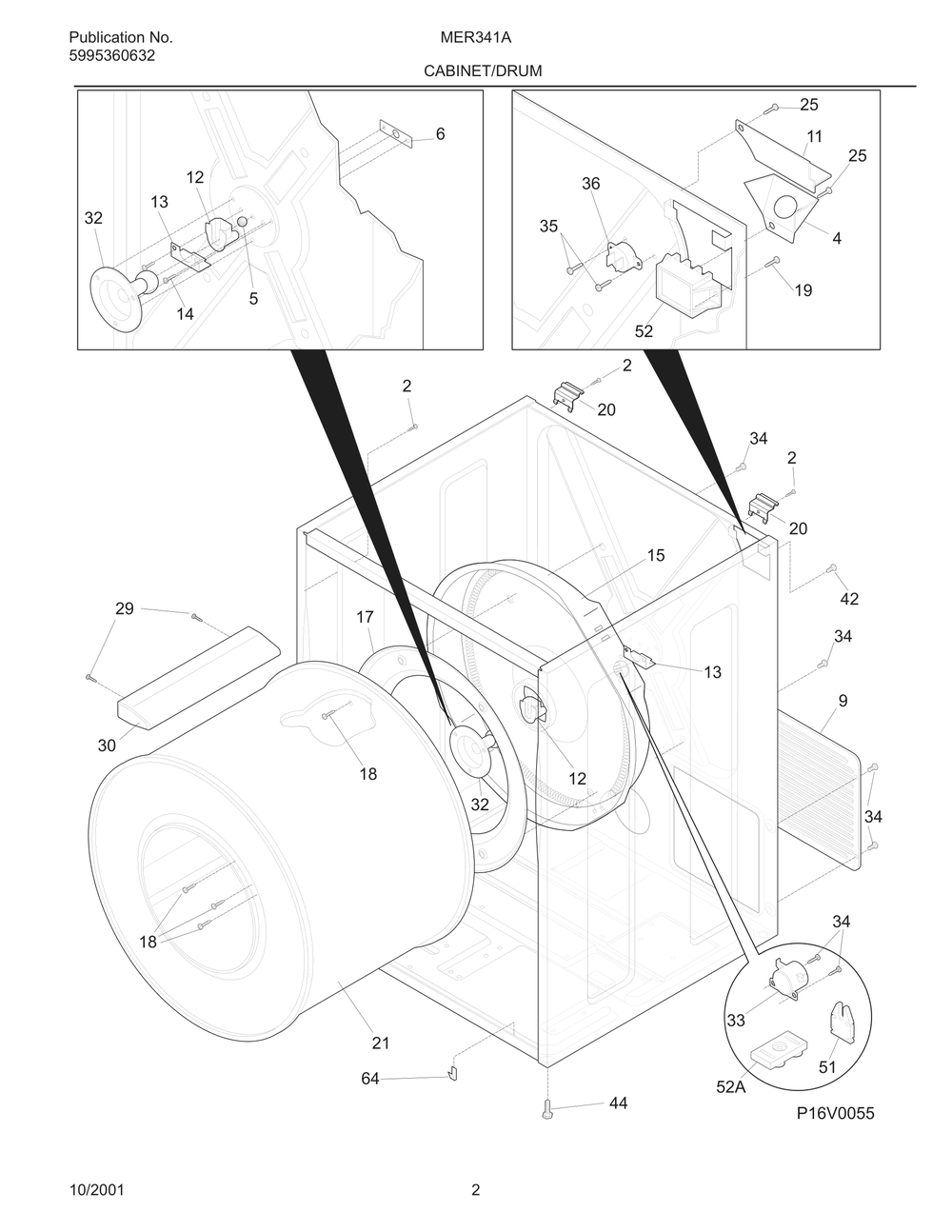 Cabinet/Drum Diagram and Parts List for MER341AQ0  Frigidaire Dryer