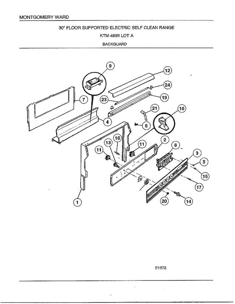 Backguard Diagram and Parts List for 4899A  Frigidaire Range