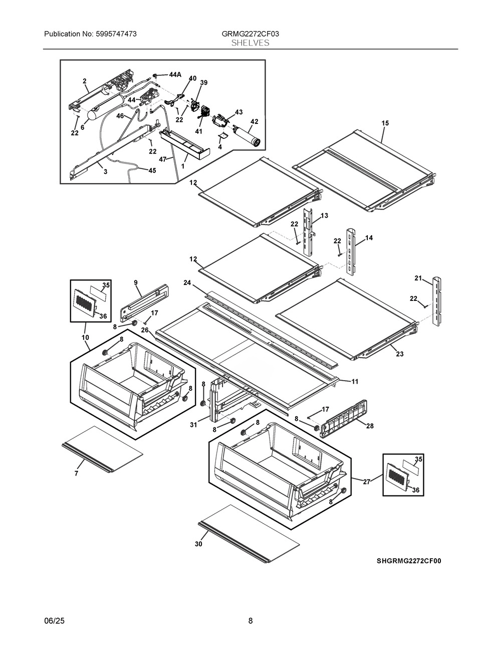 Shelves Diagram and Parts List for GRMG2272CF03  Frigidaire Refrigerator