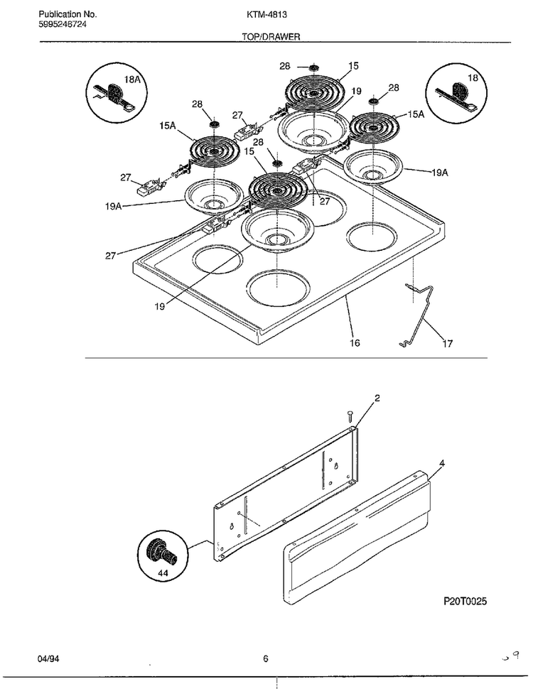 Top/drawer Diagram and Parts List for 4813-80B  Frigidaire Range