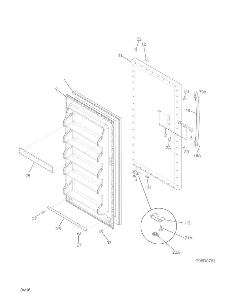 Door Diagram and Parts List for FFFU14M1QWG  Frigidaire Freezer