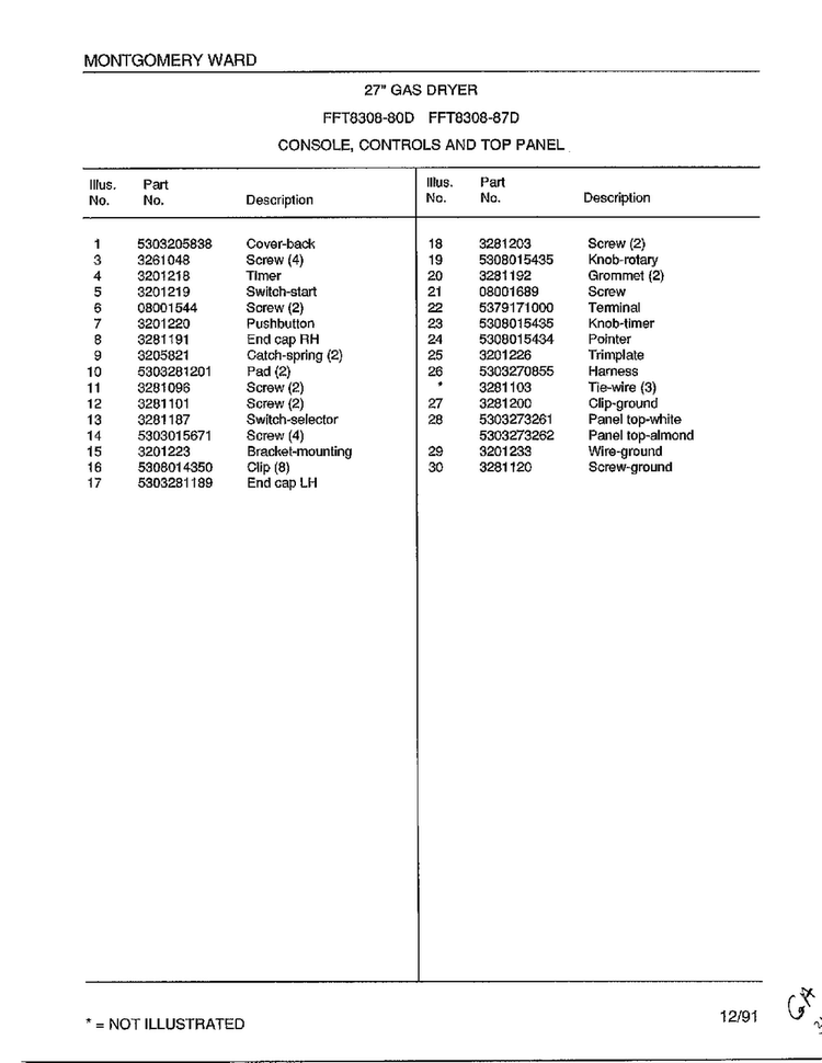 Gas Dryer-console-controls And Top Panel Page 2 Diagram and Parts List for 8308-80D  Frigidaire Dryer