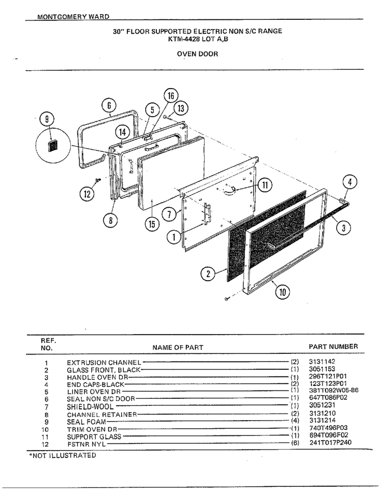 30" Floor/oven Door Diagram and Parts List for 4428B  Frigidaire Range